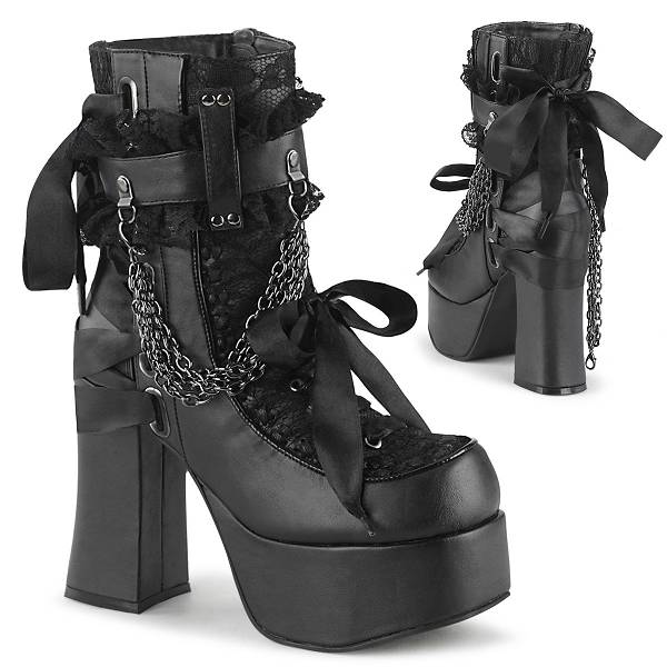 Demonia Women's Charade-110 Platform Ankle Boots - Black Vegan Leather/Lace Overlay D8639-01US Clearance